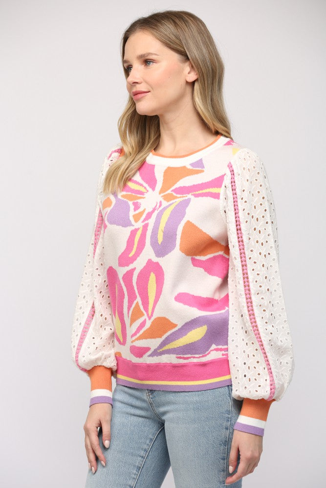 Contrast Lace Sleeve Jacquard Sweater Top Cream Multi