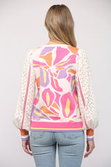 Contrast Lace Sleeve Jacquard Sweater Top Cream Multi