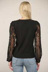Contrast Lace Sleeve Crew Neck Sweater Top Black