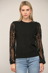 Contrast Lace Sleeve Crew Neck Sweater Top Black