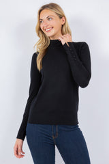Tonal Button Sleeve Turtleneck Top Black