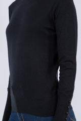 Tonal Button Sleeve Turtleneck Top Black