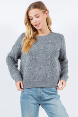 Diamond Knit Pattern Pearl Detail Sweater Grey
