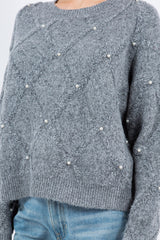 Diamond Knit Pattern Pearl Detail Sweater Grey