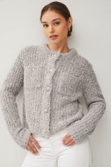Quincy Crystal Button Fuzzy Cardi Grey