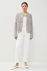 Quincy Crystal Button Fuzzy Cardi Grey