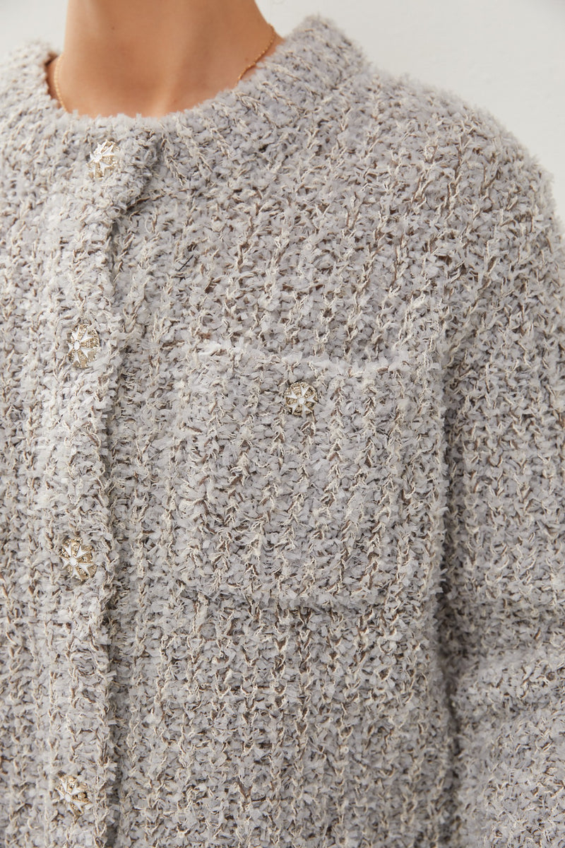 Quincy Crystal Button Fuzzy Cardi