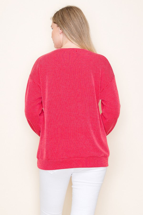 Merry Ribbed Long Sleeve Tee Red