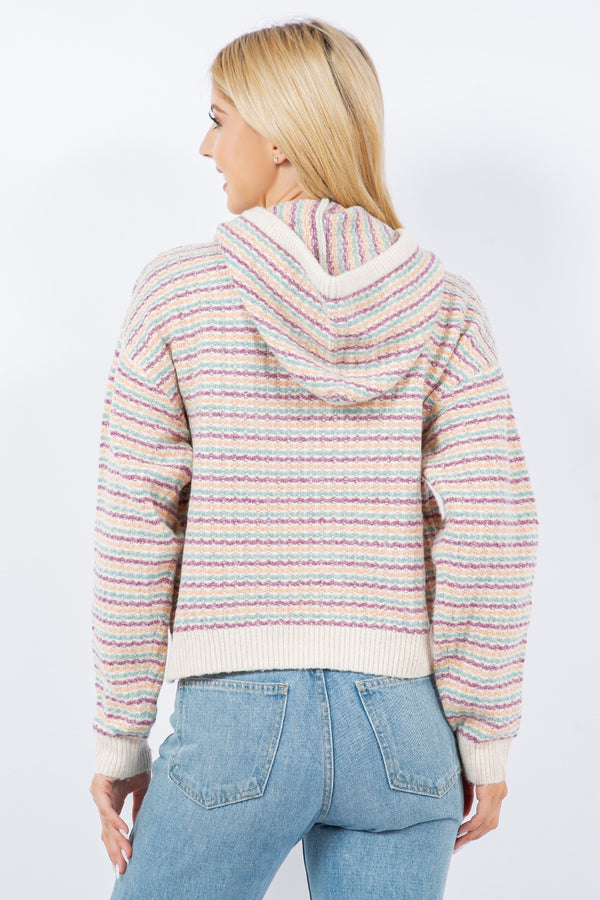 Pastel Textured Stripe Hooded Sweater