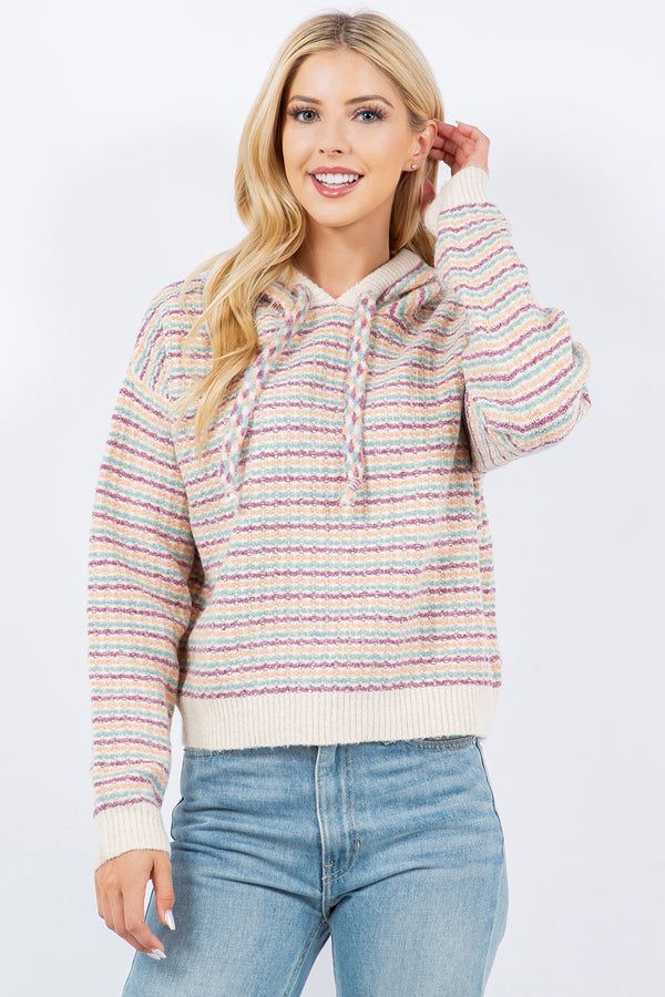 Pastel Textured Stripe Hooded Sweater