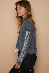 Vintage Wash Trim Sleeve Sweater Blue Mist