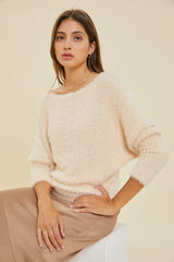Fuzzy Boatneck Dolman Sleeve Sweater Beige