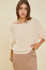Fuzzy Boatneck Dolman Sleeve Sweater Beige