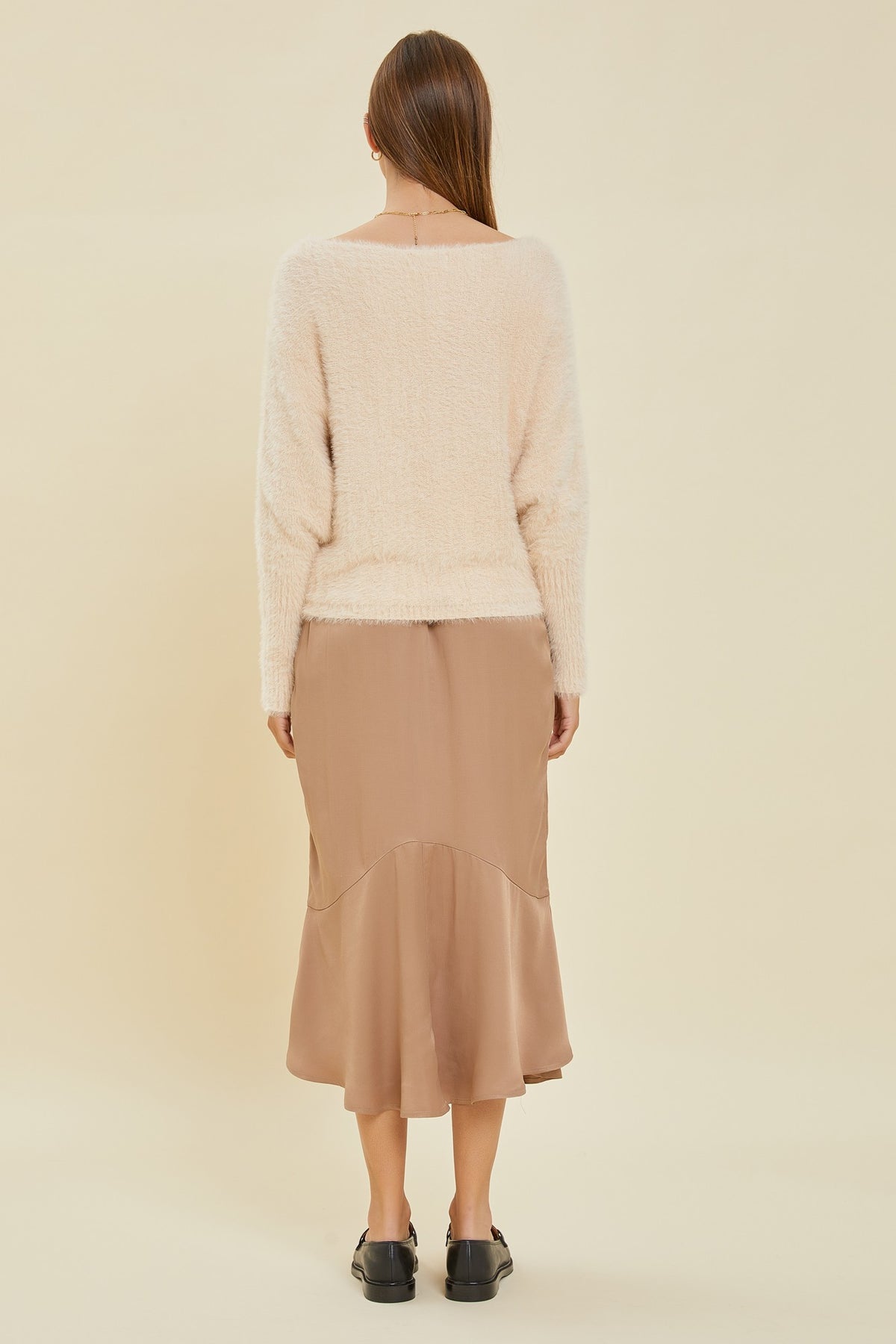 Fuzzy Boatneck Dolman Sleeve Sweater Beige