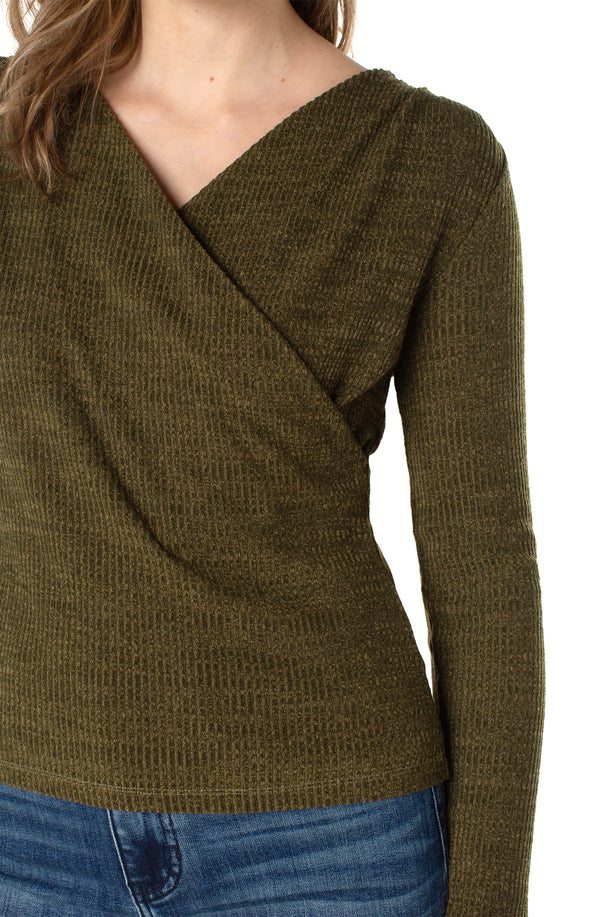 Long Sleeve Drape Front Knit Top Olive Melange