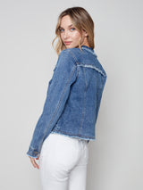 Stretch Denim Frayed Edge Jacket Medium Blue