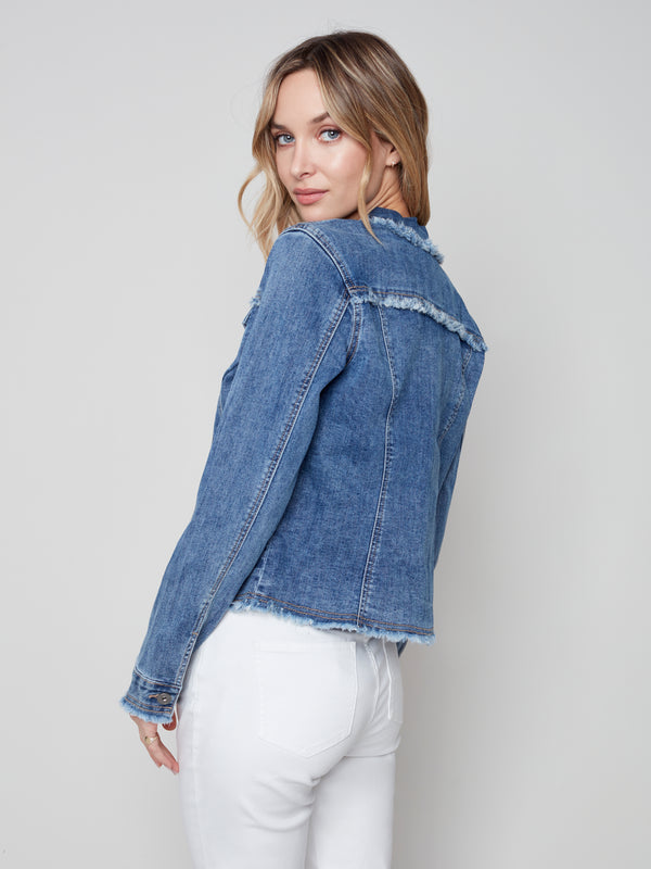 Stretch Denim Frayed Edge Jacket Medium Blue