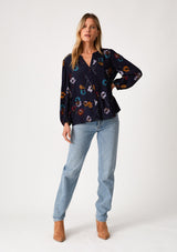 Artsy Floral 3/4 Sleeve Button Down Top Navy + Mustard