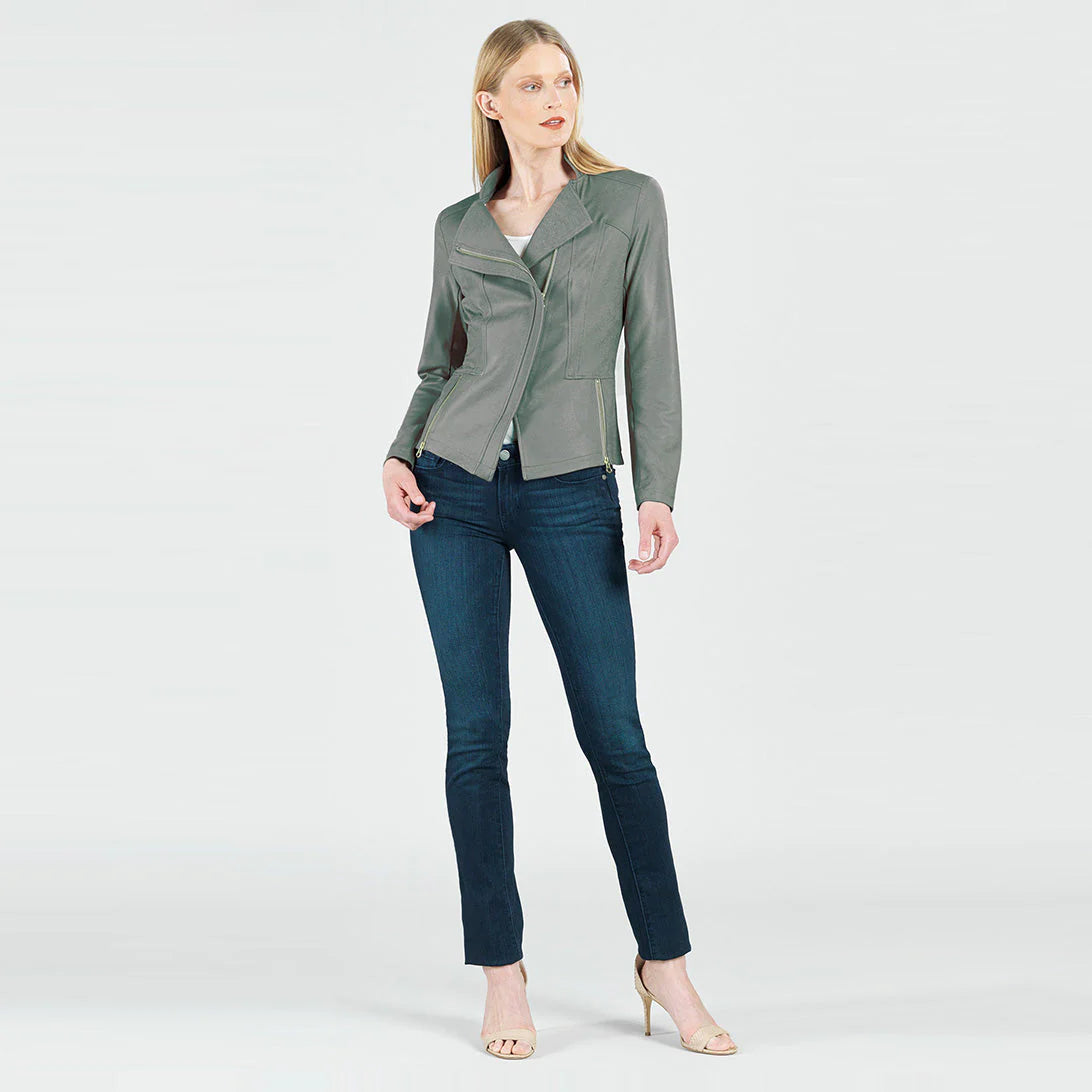 Classic Leather Knit Moto Jacket Olive