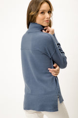 Side Slit Low Back Mock Neck Sweater Denim Blue