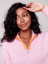 Quarter Zip High Collar Contrast Sweater Heather Orchid