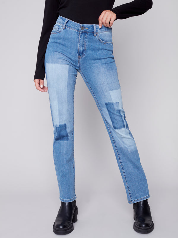 Patchwork Straight Leg Jeans Medium Blue