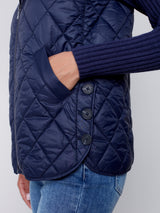 Side Button Detail Quilted Hooded Vest Navy