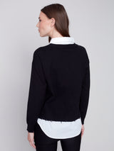 Shirt Collar Layer 2Fer Vneck Sweater Black