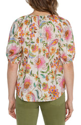 Woven Shirred Printed Button Front Top Pink Multi Floral