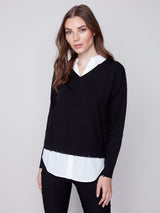 Shirt Collar Layer 2Fer Vneck Sweater Black