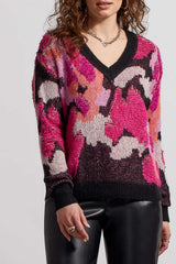 Boucle Knit Camo Vneck Sweater Black + Pink
