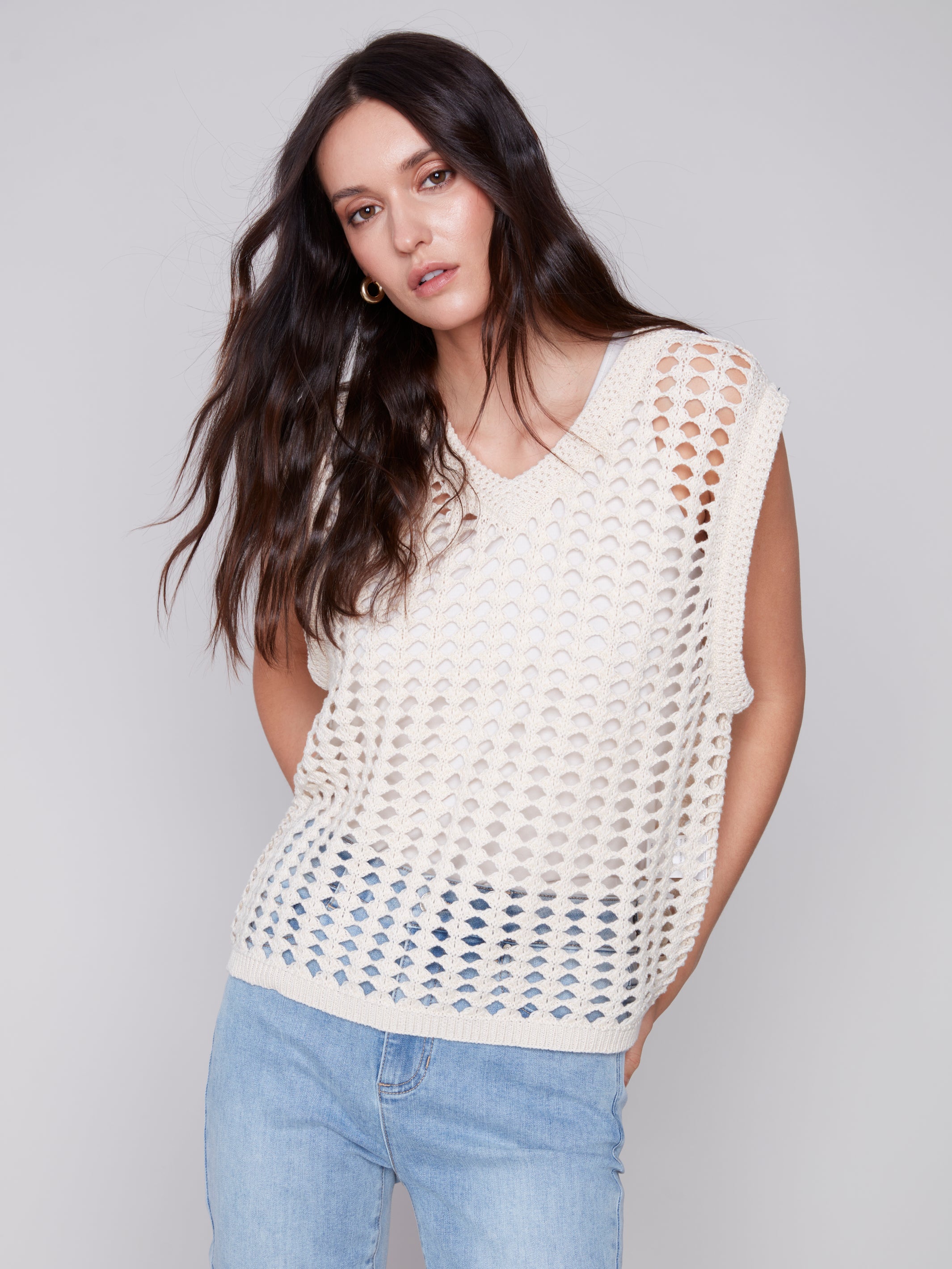 V Neck Crochet Drop Shoulder Vest Natural