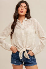 Tie Waist Chiffon Jacquard Button Down Blouse Cream