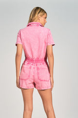 Scrunch Waist Collared Zipped Romper Pink