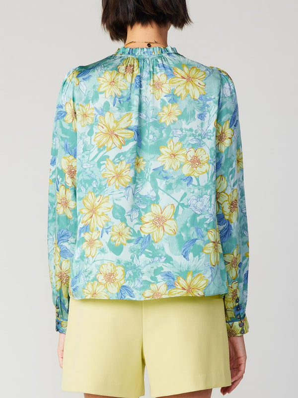 Daisy Floral Ruffle Tie Neck Blouse Sage Multi