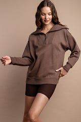 French Terry Ribbed Zip Mock Neck Pullover Coffee