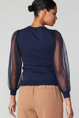 Diamond Grid Sheer Sleeve Top Navy
