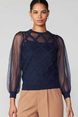 Diamond Grid Sheer Sleeve Top Navy