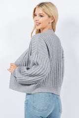 Ribbed Balloon Sleeve Cardi Grey