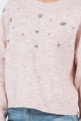 Marled Knit Crystal Detail Sweater Blush