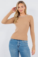 Crystal Detail Neckline Ribbed Top Peanut