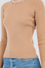 Crystal Detail Neckline Ribbed Top Peanut
