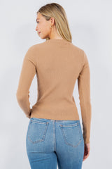 Crystal Detail Neckline Ribbed Top Peanut