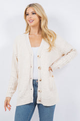 Mix Media Teddy Bear Ribbed Cardi Ivory