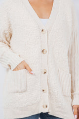 Mix Media Teddy Bear Ribbed Cardi Ivory