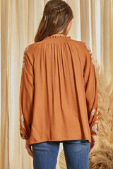 Smocked V Neckline Embroidered Blouse Rust