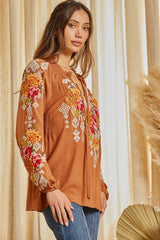 Smocked V Neckline Embroidered Blouse Rust