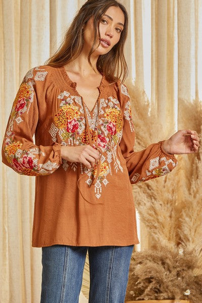 Smocked V Neckline Embroidered Blouse Rust