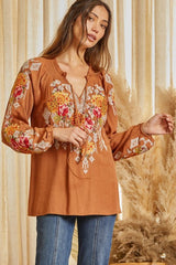 Smocked V Neckline Embroidered Blouse Rust