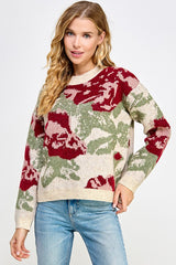 Flower Jacquard Sweater Cream + Red